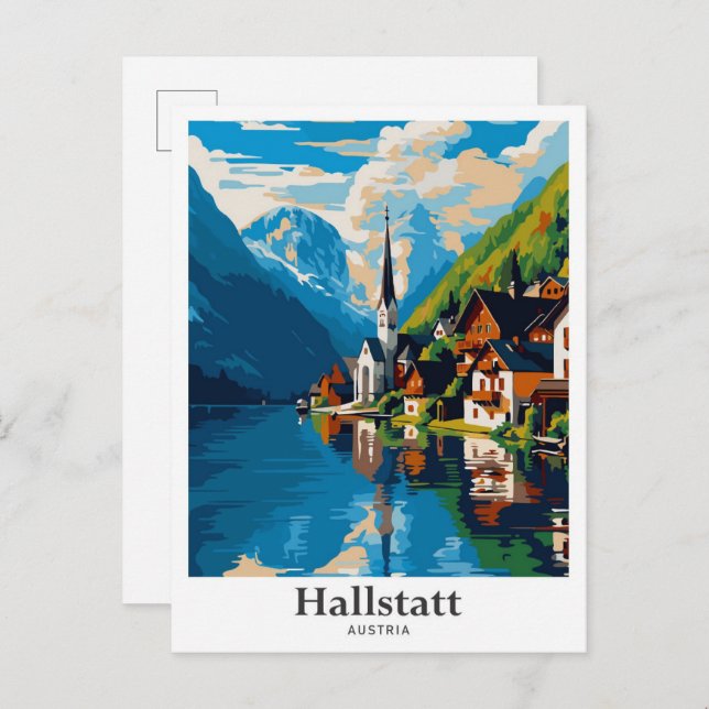 Hallstatt Austria Vintage resor Illustration Vykort (Fram/baksida)