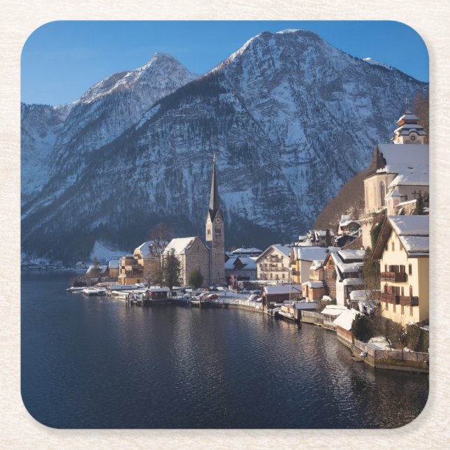 Hallstatt i snö under vintern underlägg papper kvadrat (Framsidan)
