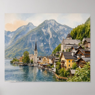 Hallstatt Österrike Akvarell Konsttryck Poster