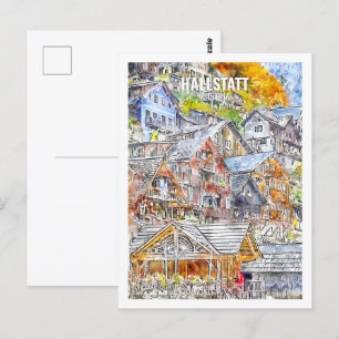 Hallstatt Österrike Berömd Resa Akvarell Skiss Vykort