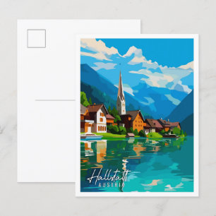 Hallstatt Österrike vintage reseskildring illustra Vykort