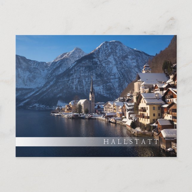 Hallstatt-staden i snö på vintern vykort (Framsida)