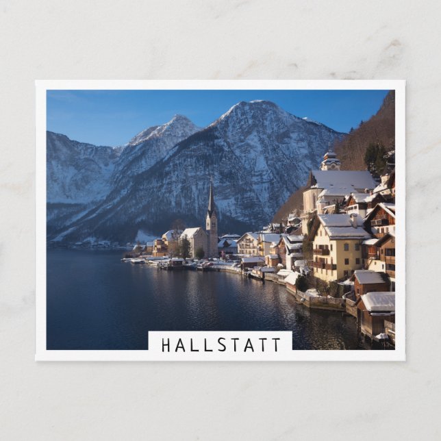Hallstatt-staden i snö på vintern vykort (Framsida)