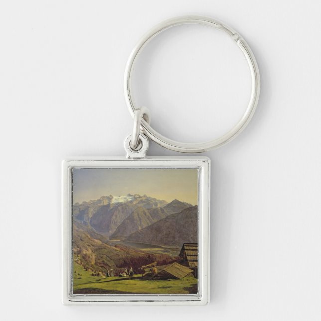 Hallstatter-Se (olja på kanfas) Fyrkantig Silverfärgad Nyckelring (Framsidan)