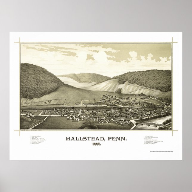 Hallstead, PA Panoramic Karta - 1887 Poster (Framsidan)