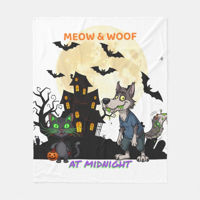 Hallween "Meow & Woof at Midnight" Kat & Werevarg Fleecefilt (Framsidan)