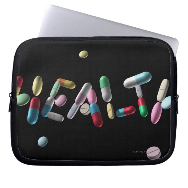 "HÄLSA" skriven med tabletter Laptop Sleeve (Framsidan)