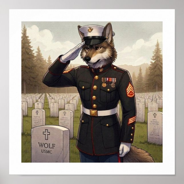 Hälsande Marine Corps Wolf  Poster (Framsidan)