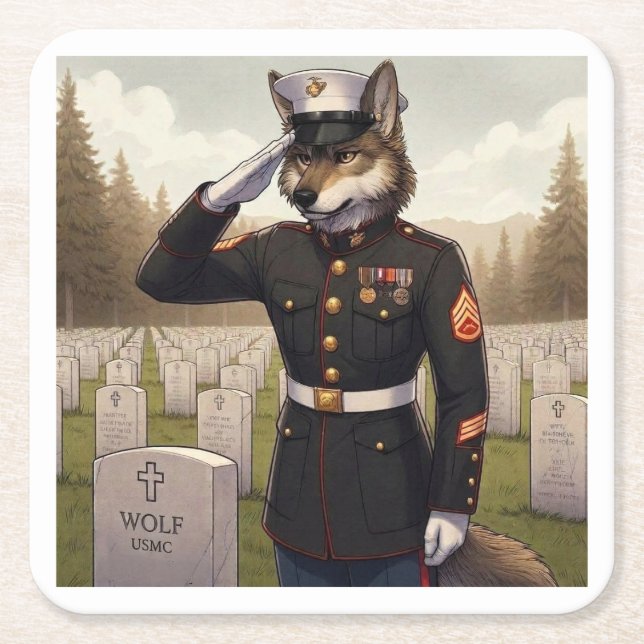 Hälsande Marine Corps Wolf  Underlägg Papper Kvadrat (Framsidan)