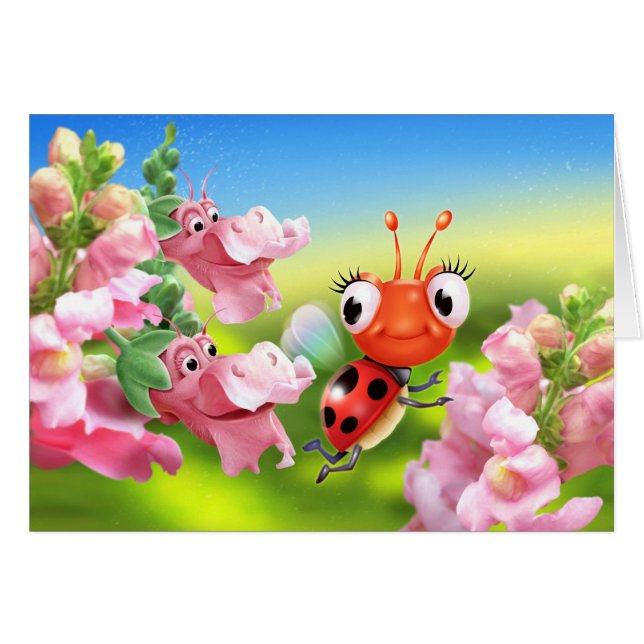 Hälsning card Ladybug och friska blommor Hälsningskort (Framsidan Horizontal)