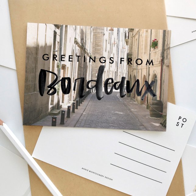 Hälsning från Bordeaux Frankrike Travel Postcard Vykort (Greetings from Bordeaux watercolor letters over photography travel postcard.)