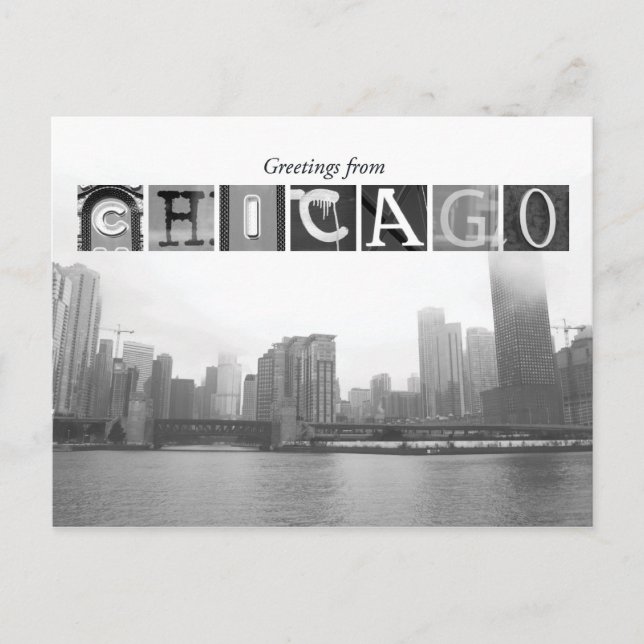 Hälsning från Chicago Black och White Skyline Vykort (Framsida)