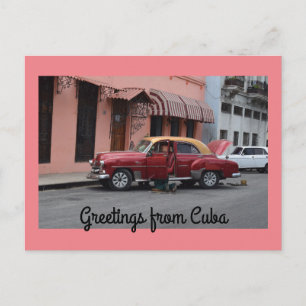 Hälsning från Cuba Red Car Rosa Byggnad Vykort