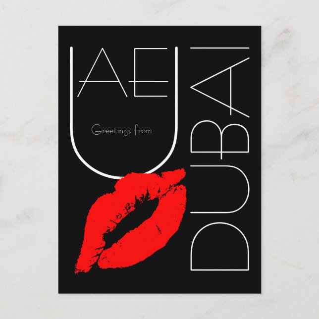 Hälsning från Dubai Red Lipstick Kiss Black Vykort (Framsida)