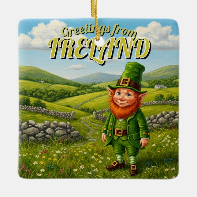 Hälsning från Irland Leprechaun Julgransprydnad Keramik (Framsida)