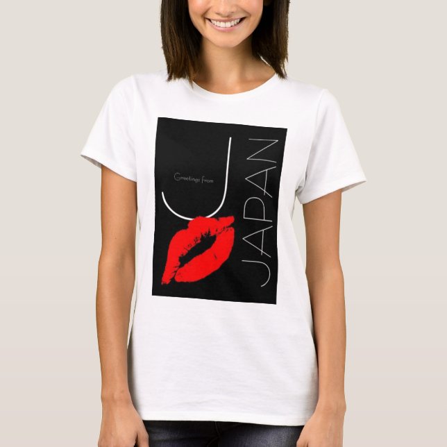 Hälsning från Japan Red Lipstick Kiss Black T Shirt (Framsida)