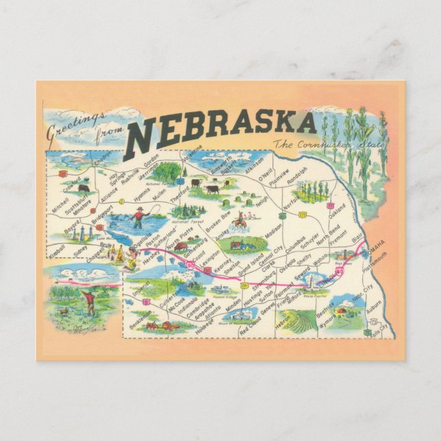 Hälsning från Nebraska vintage karta Vykort (Framsida)