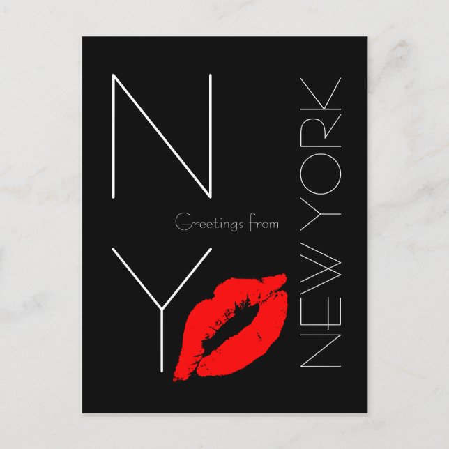 Hälsning från New York Red Lipstick Kiss Black Vykort (Framsida)