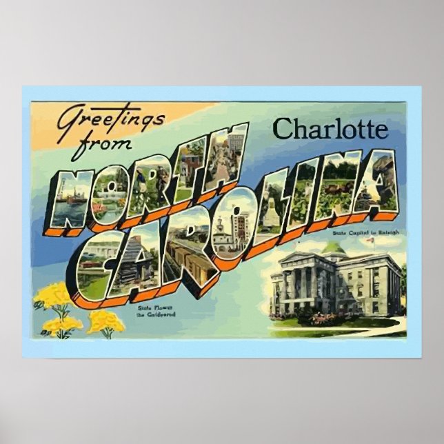 Hälsning från North Carolina Charlotte, Vintage Poster (Framsidan)