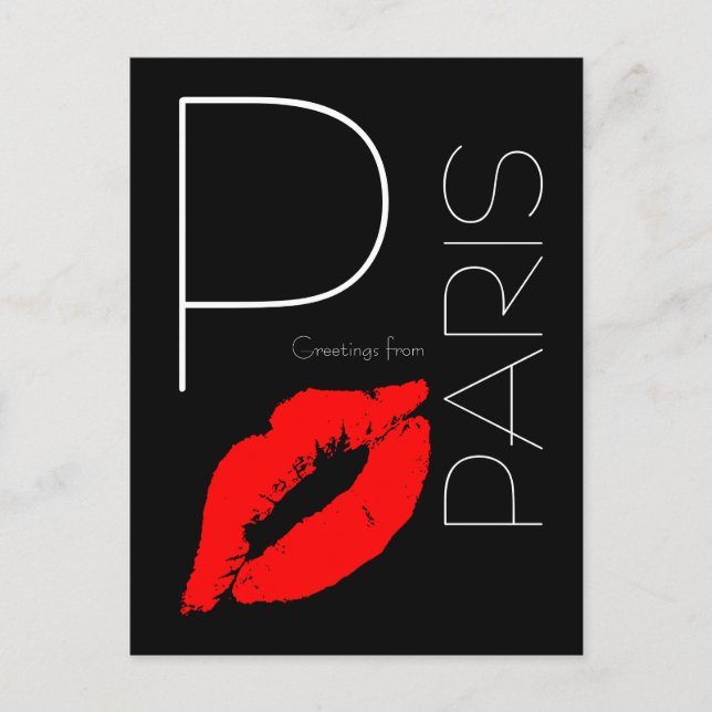 Hälsning från Paris Red Lipstick Kiss Black Vykort (Framsida)