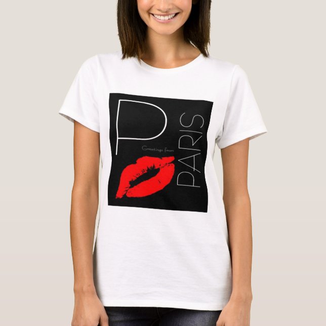 Hälsning från Paris Red Lipstick Kiss Kärlek T-shirt (Framsida)