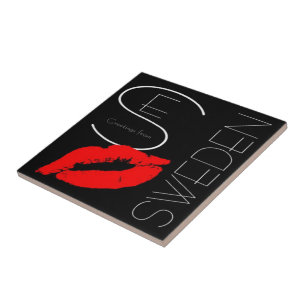 Hälsning från Sverige Red Lipstick Kärlek Kiss Bla Kakelplatta