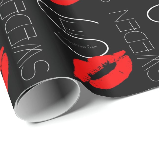 Hälsning från Sverige Red Lipstick Kiss Black Presentpapper (Rullad Hörn)