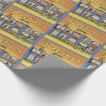 Hälsning från Texas vintage stil Presentpapper<br><div class="desc">Hälsning från Texas-designen anpassad från ett vintage resor-vykort som fyllde brev med scener från Texas förflutna,  en cowboykontur och en bild av blånät med retro typsnitt och färg,  som är gjord till ett upprepande mönster för att på ett unikt sätt säga hej.</div>