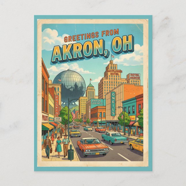 Hälsningar från Akron Ohio Retro vykort Färgglatt  (Framsida)