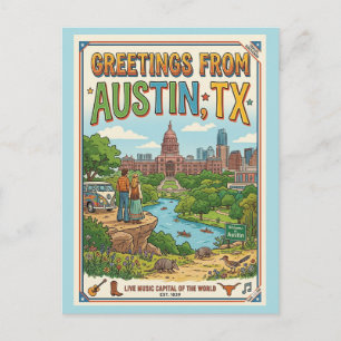 Hälsningar från Austin TX Retro-färgglada Vykort