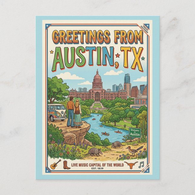 Hälsningar från Austin TX Retro-färgglada Vykort (Framsida)