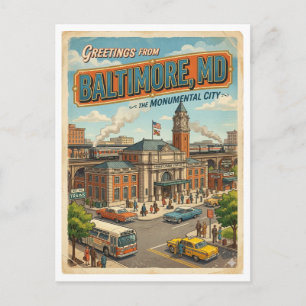 Hälsningar från Baltimore MD järnvägsstation Retro Vykort