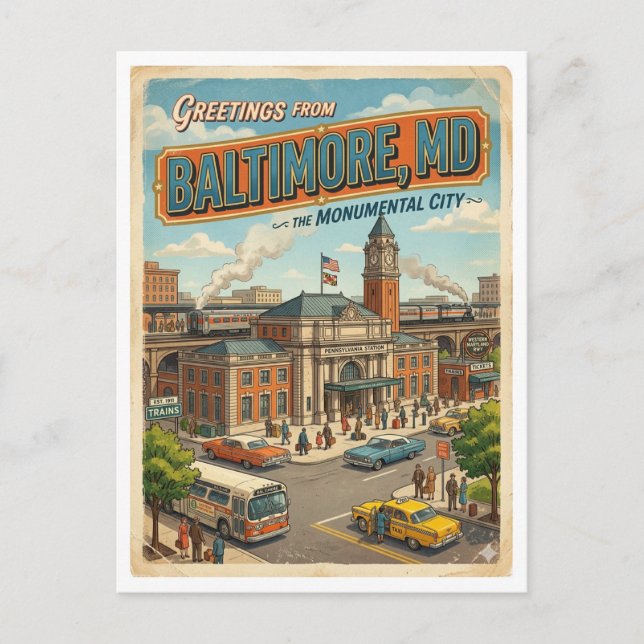 Hälsningar från Baltimore MD järnvägsstation Retro Vykort (Framsida)