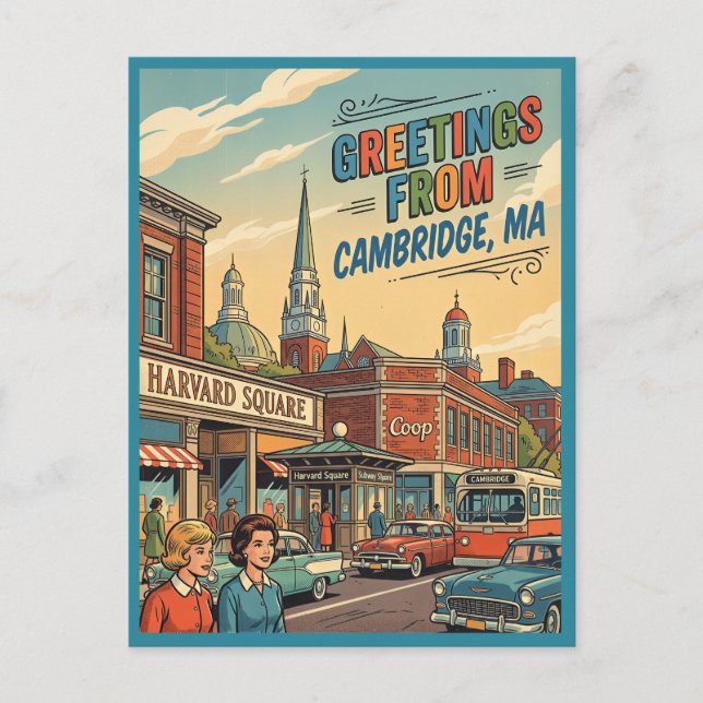 Hälsningar från Cambridge MA Harvard Square Retro  Vykort (Framsida)
