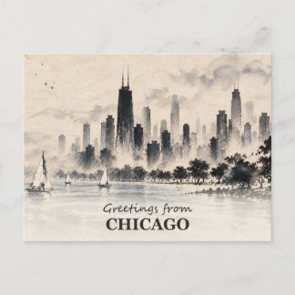 Hälsningar från Chicago Skyline Ink Wash Vykort