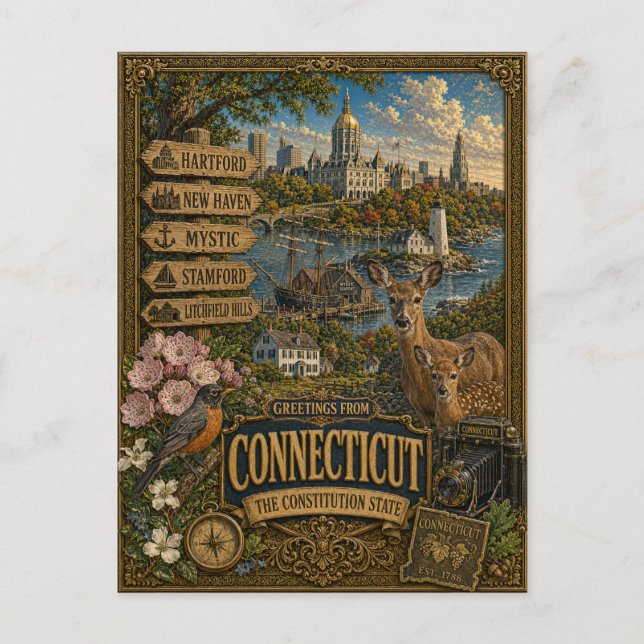Hälsningar från Connecticut | Vintage Retro Konst Vykort (Framsida)