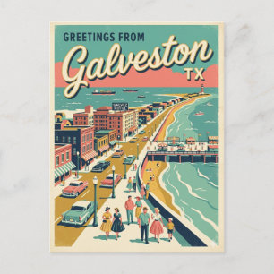 Hälsningar från Galveston TX Fågelperspektiv Retro Vykort