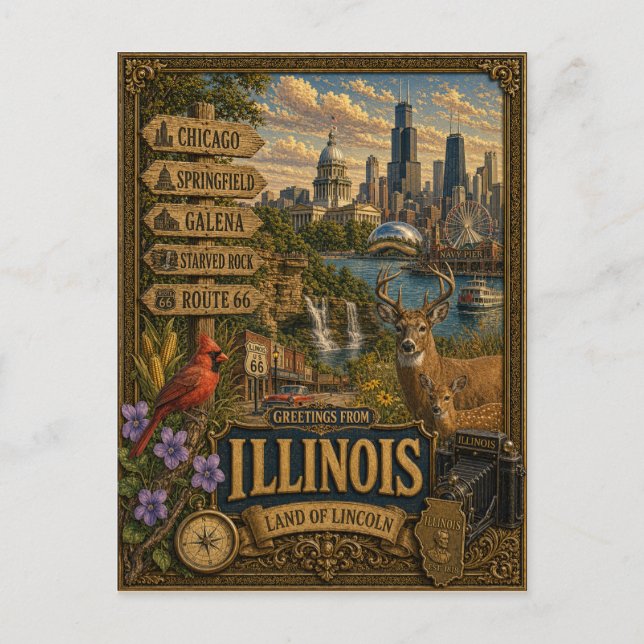 Hälsningar från Illinois | Vintage Retro Konst Vykort (Framsida)