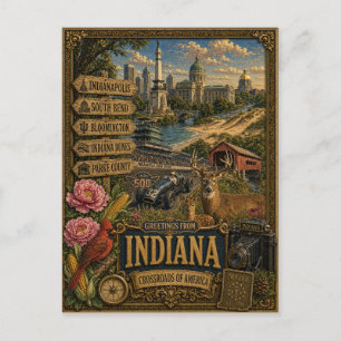 Hälsningar från Indiana   Vintage Retro Konst Vykort