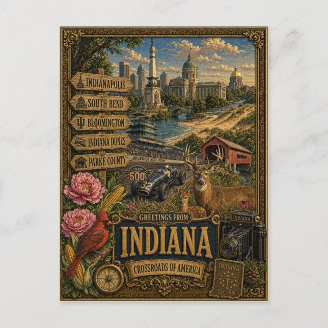 Hälsningar från Indiana | Vintage Retro Konst Vykort (Framsida)