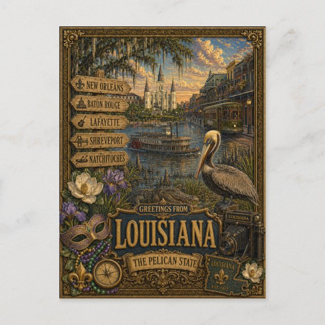 Hälsningar från Louisiana | Vintage Retro Konst Vykort (Framsida)