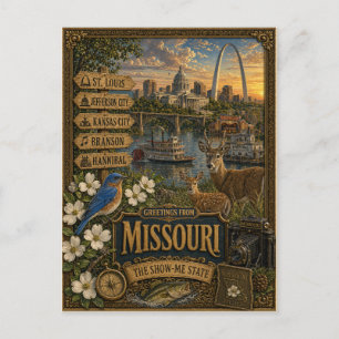 Hälsningar från Missouri Vintage Retro Konst Vykort