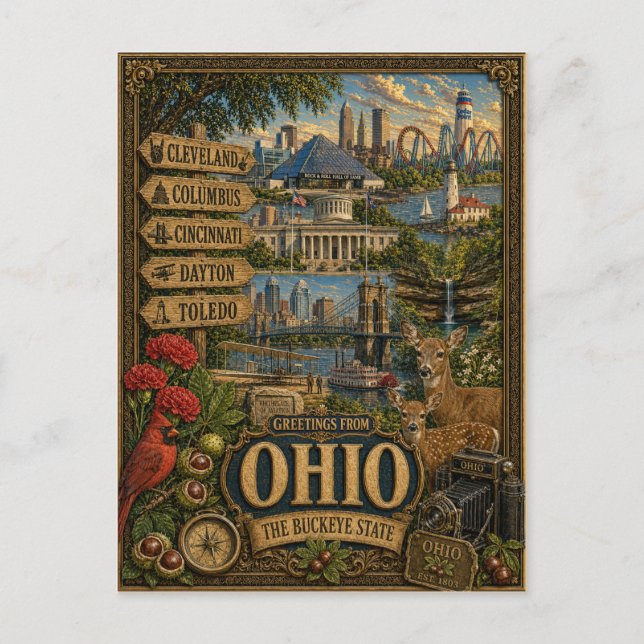 Hälsningar från Ohio | Vintage Retro Konst Vykort (Framsida)