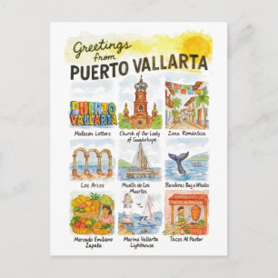 Hälsningar från Puerto Vallarta Akvarell Resa Vykort