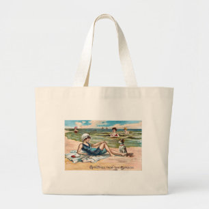 Hälsningar från sjösidan! Vintagevykort Jumbo Tygkasse