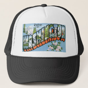 Hälsningar från staten Washington! Vintagevykort Truckerkeps
