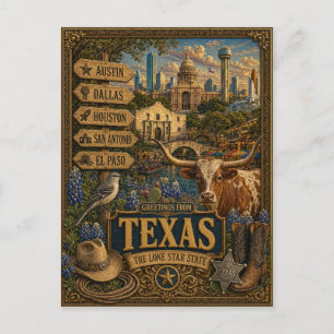 Hälsningar från Texas Vintage Retro Konst Vykort