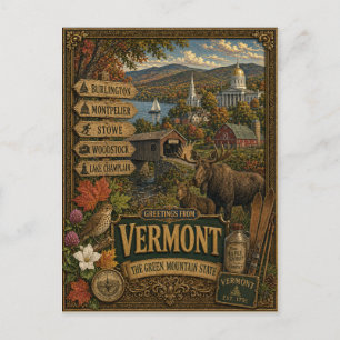 Hälsningar från Vermont Vintage Retro Konst Vykort