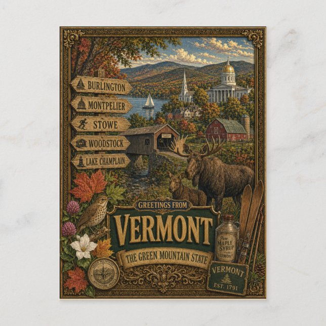 Hälsningar från Vermont | Vintage Retro Konst Vykort (Framsida)