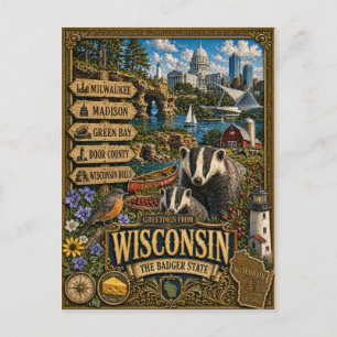 Hälsningar från Wisconsin Vintage Retro Konst Vykort